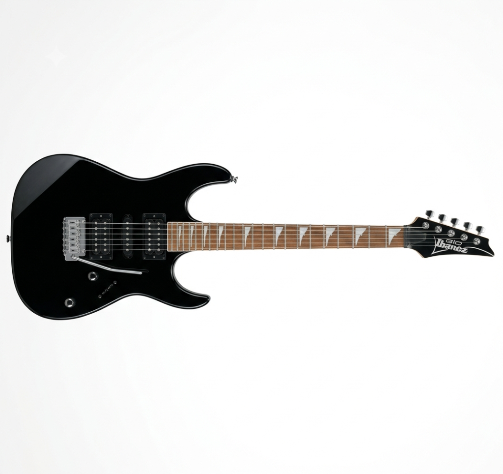 Guitarra Ibanez Gio Black Night de cor preto na posição horizontal mostrando  com detalhes todas as partes da guitarra