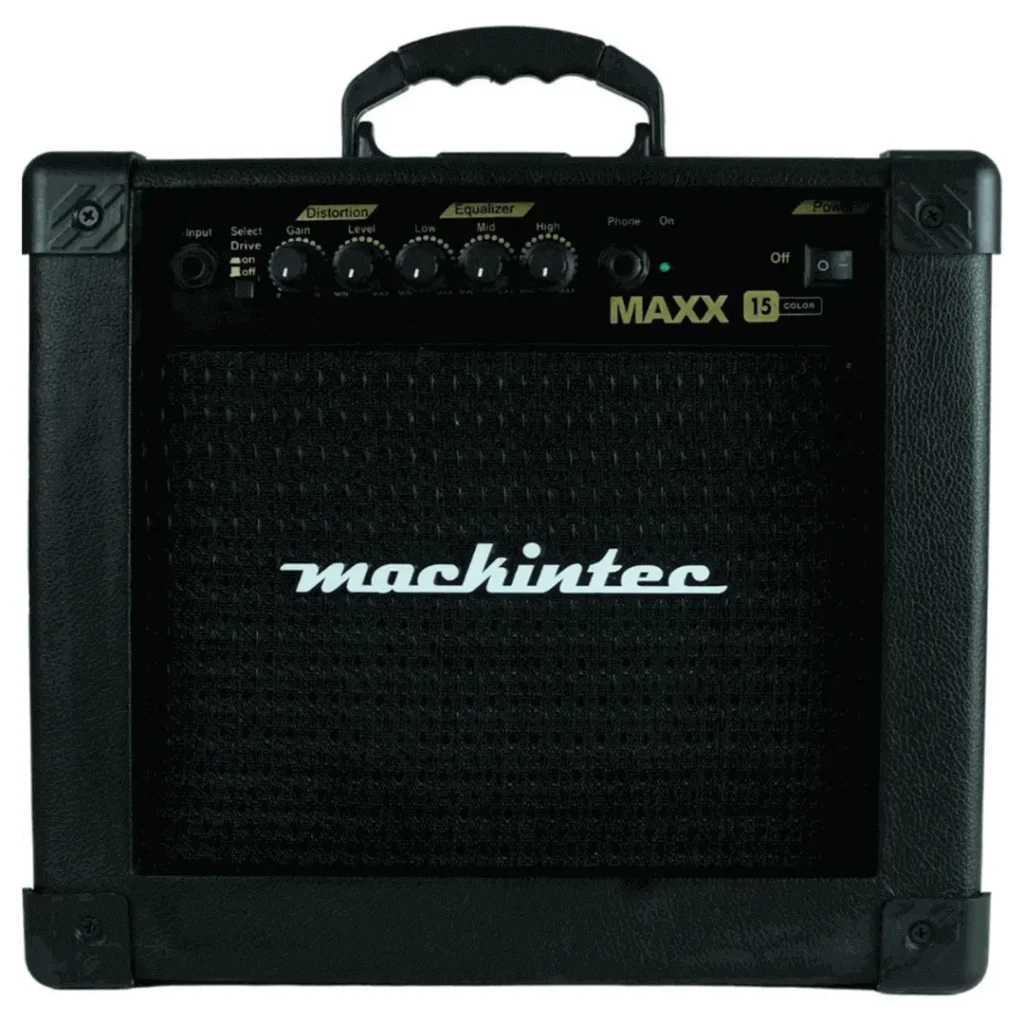 Amplificador para guitarra Mackintec Maxx 15 preto visto de frente, destacando o gabinete e a grelha protetora