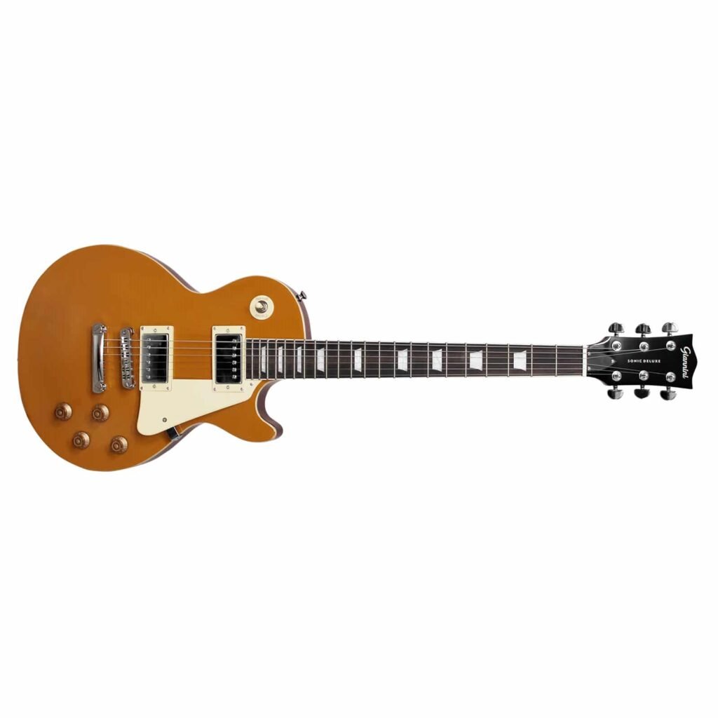 Guitarra Giannini Les Paul Sonic Deluxe GAE09 Gold Top na posição horizontal com acabamento dourado e ferragens cromadas.